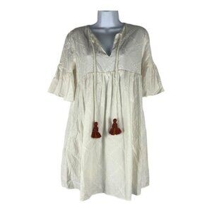 Zara TRF Size XS White Eyelet Tunic Dress W/ Tassel Accents
